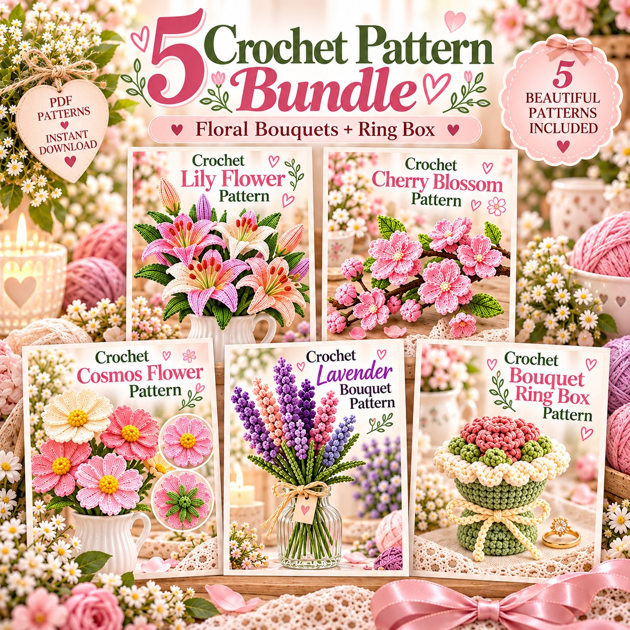 Five downloadable crochet patterns for flower bouquets and a ring box