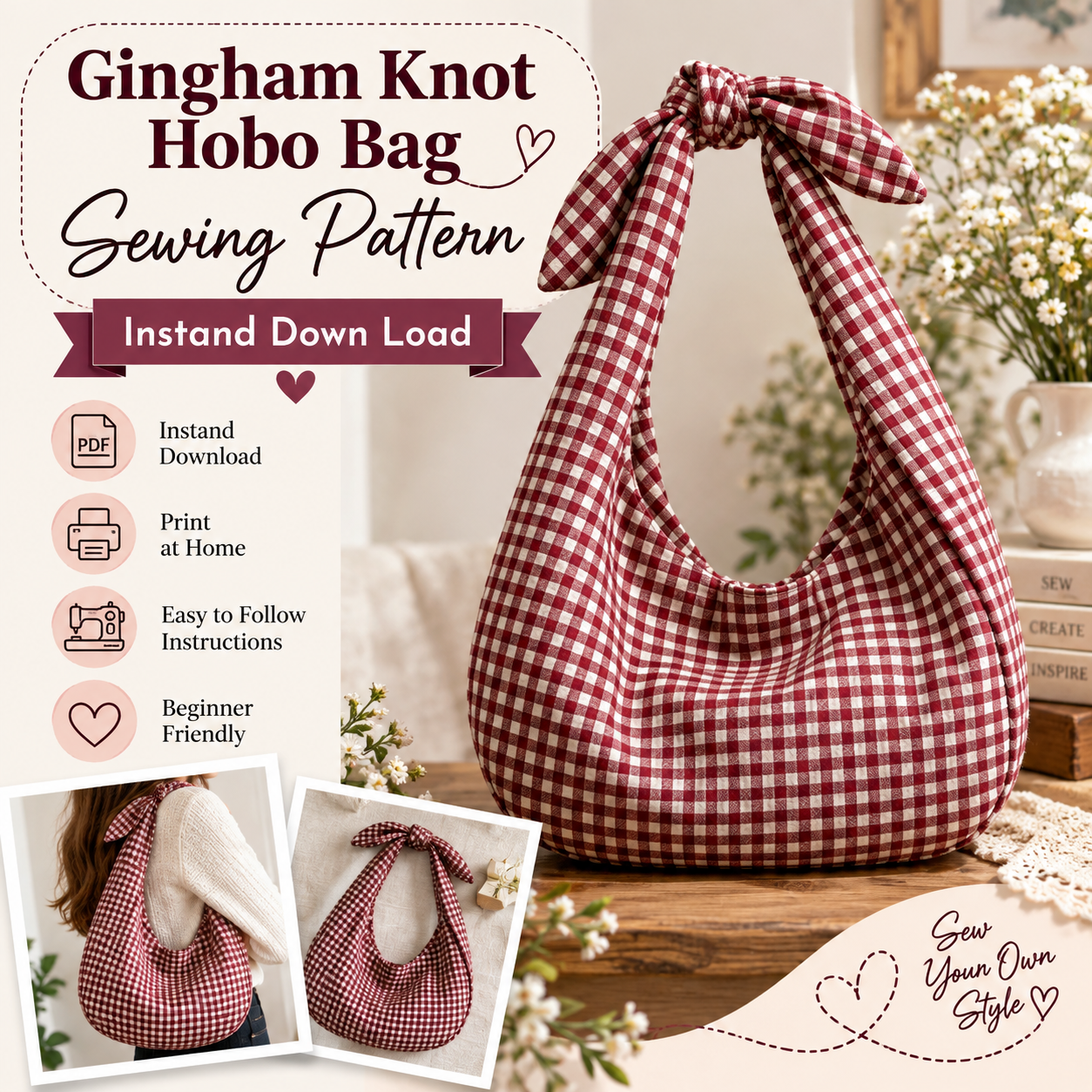 Gingham Knot Hobo Bag sewing pattern cover showing the burgundy checked bag and its knotted strap
