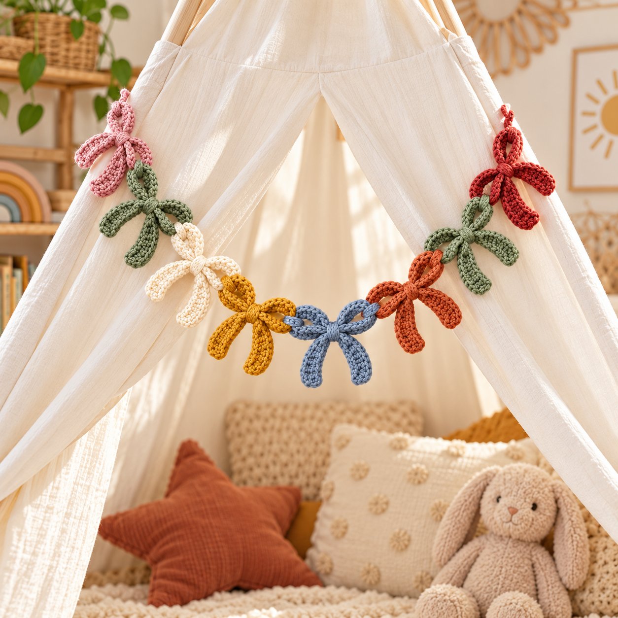 Colorful linked crochet bow garland hanging across a cozy play tent