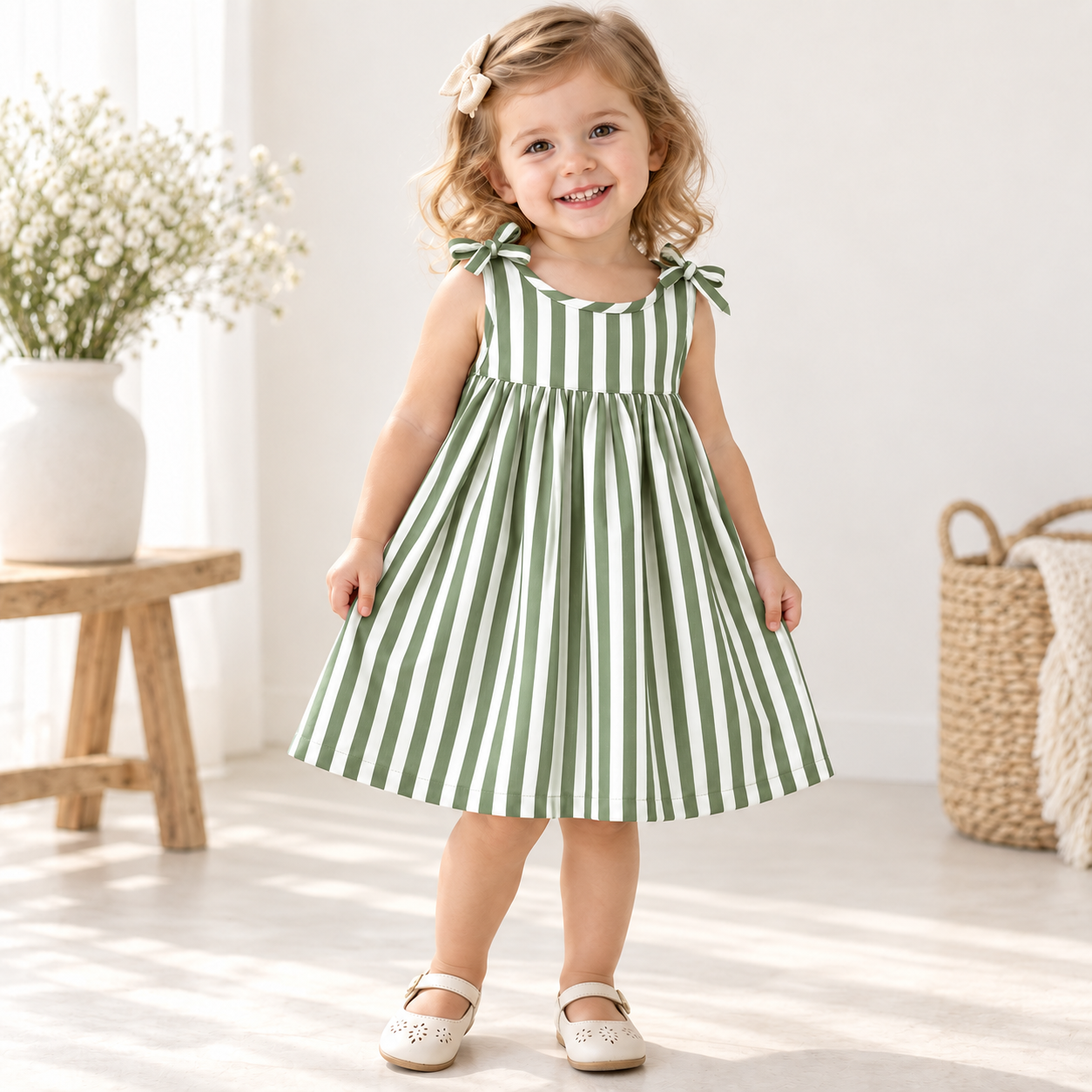 Child wearing the Lining Dress in green and white stripes with bow-tie shoulders