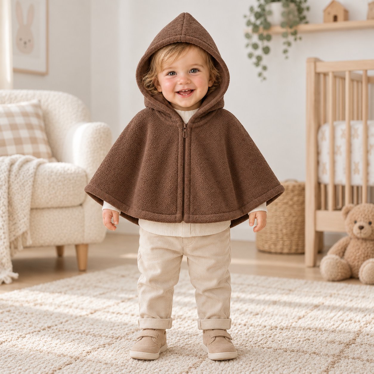 Toddler wearing a warm brown Snowflake Capelet with a lined hood and front zipper