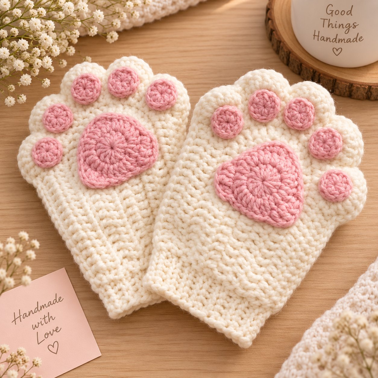 Cream crochet cat paw fingerless gloves with pink three-dimensional paw pads