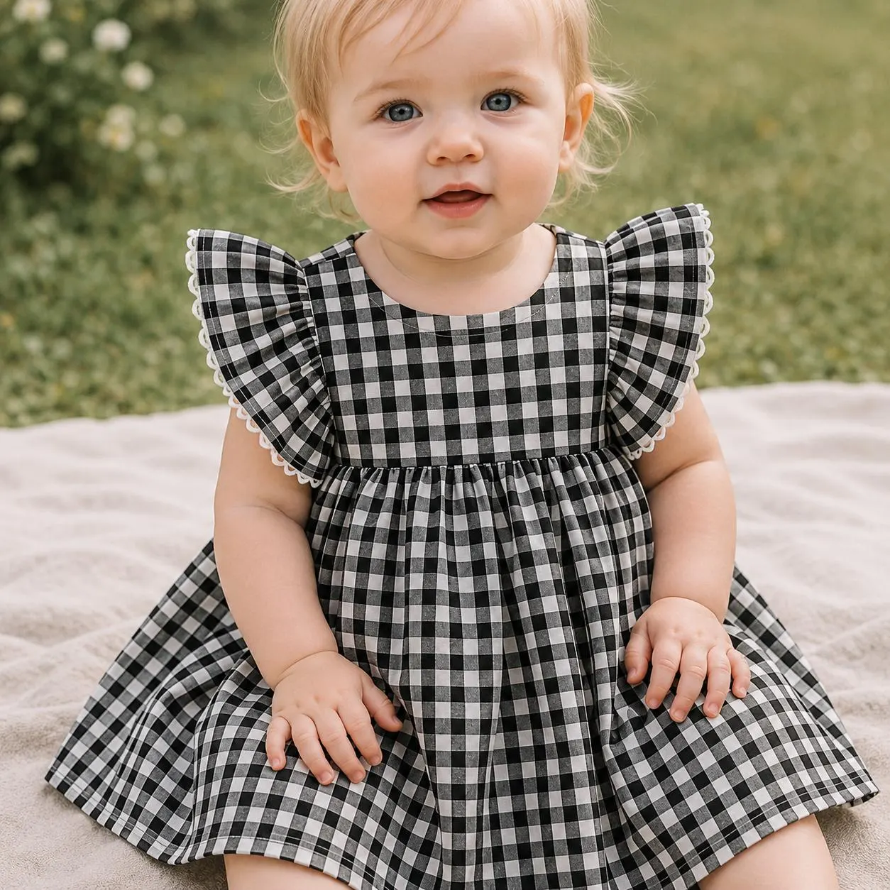 Baby wearing the Gingham Belle sewing pattern