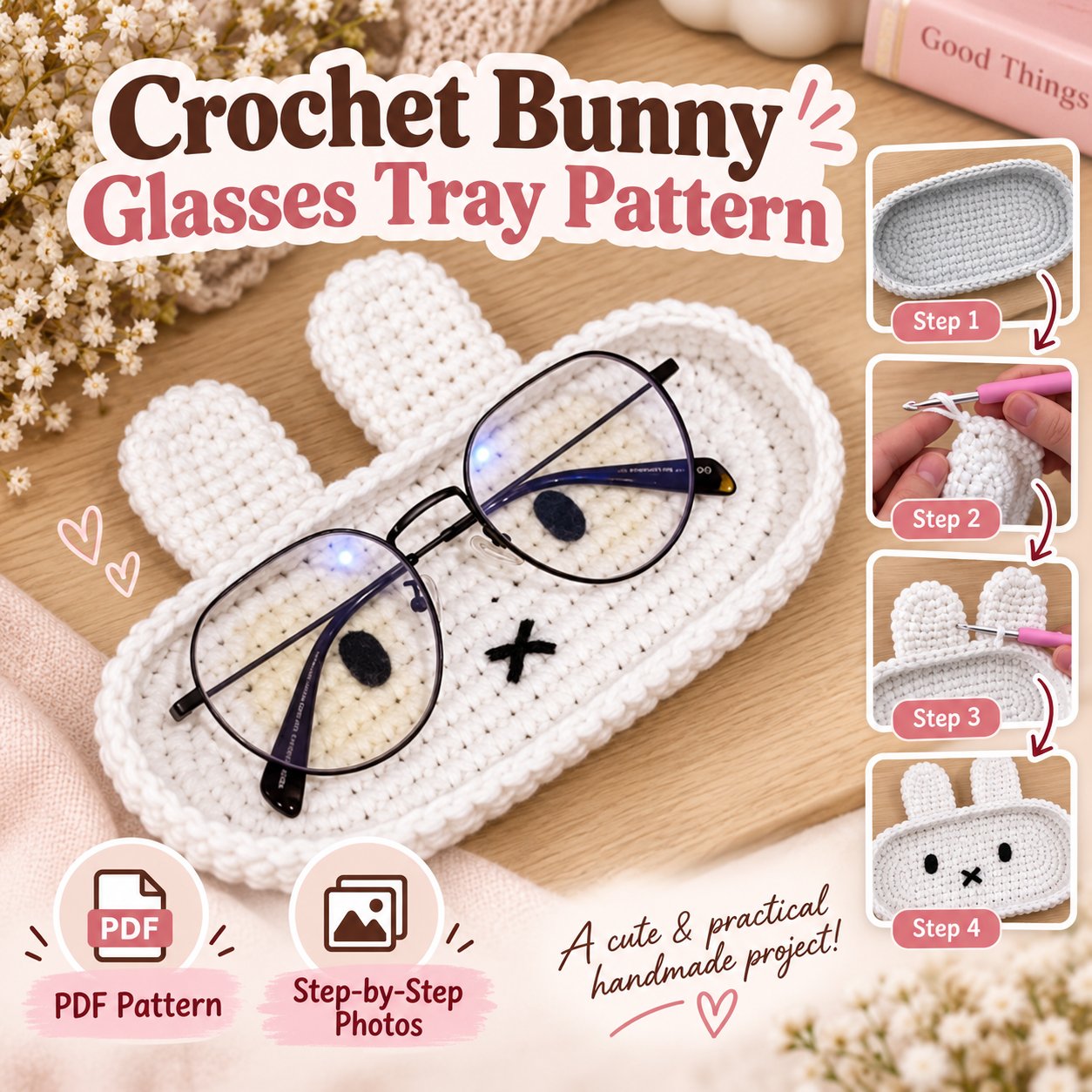 White crochet bunny-shaped tray holding a pair of glasses