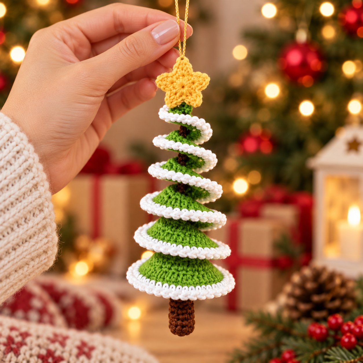 Green snow-trimmed spiral crochet Christmas tree ornament with a star topper