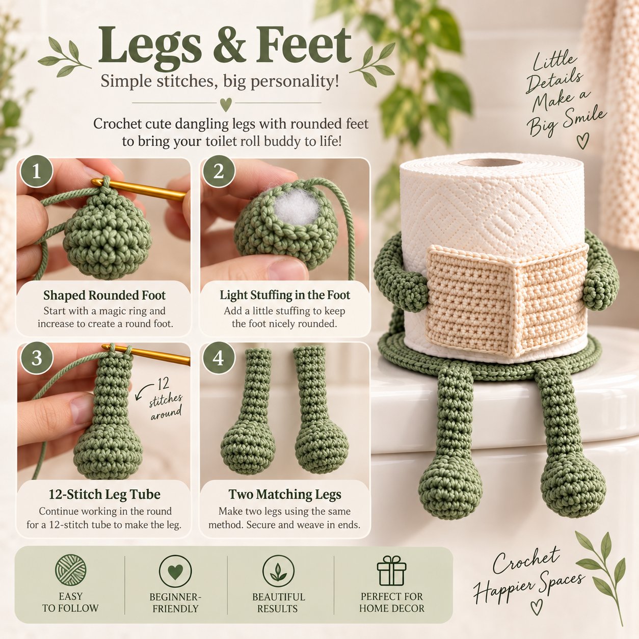 Crochet toilet roll buddy with dangling legs reading a miniature newspaper