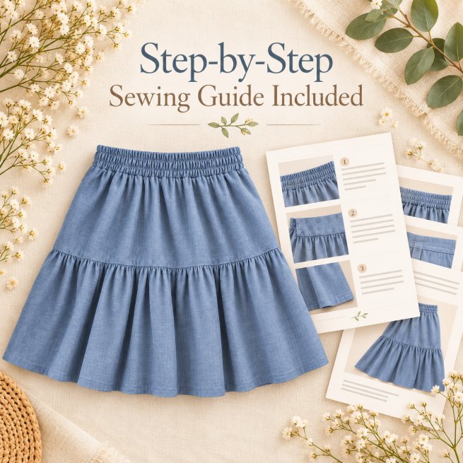 Blue girls tiered linen skirt with a comfortable elastic waist