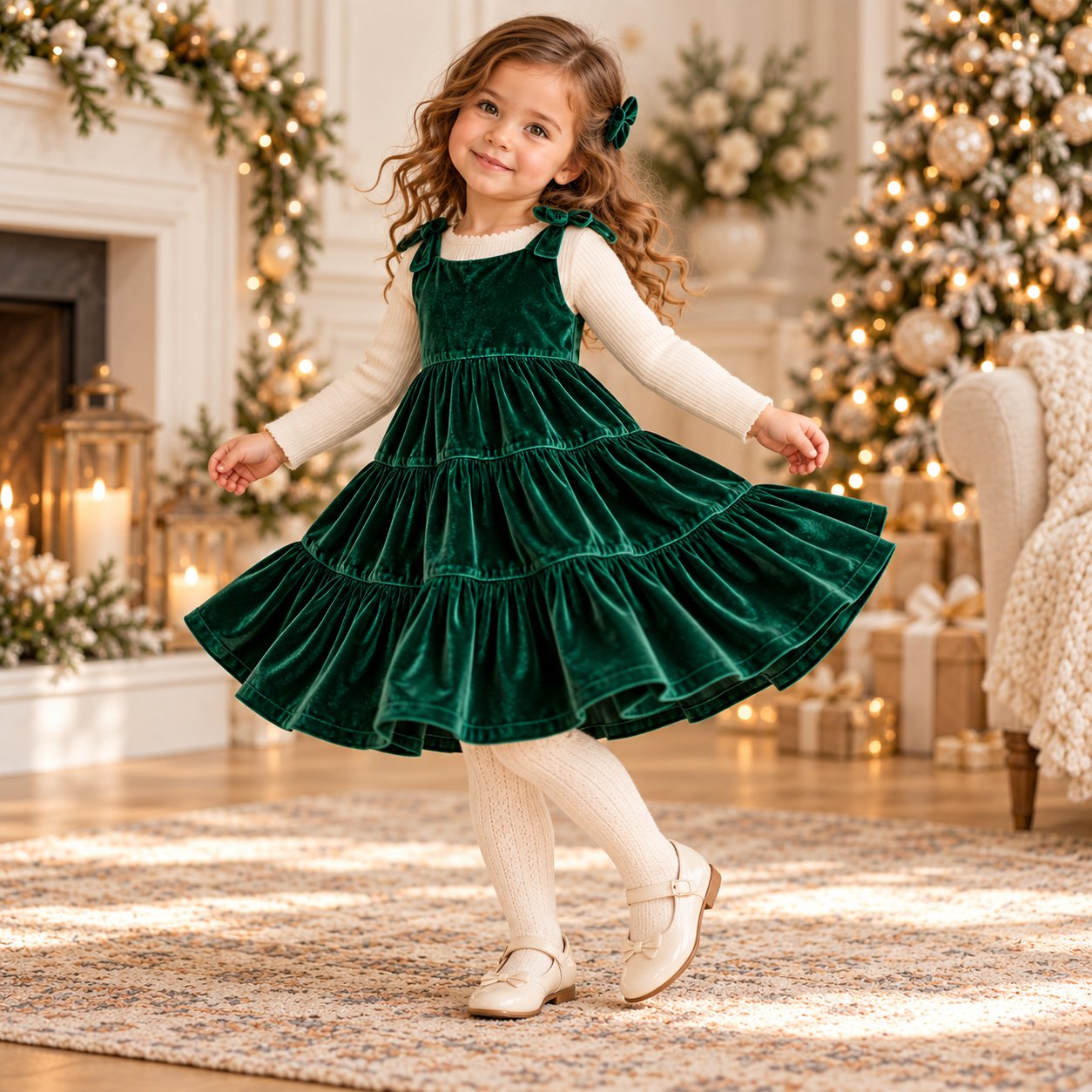 Girl twirling in an emerald green velvet tiered dress with bow shoulder straps