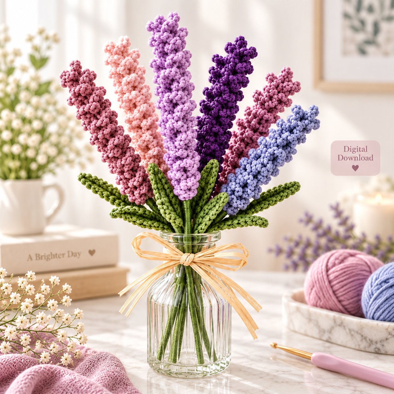 Crochet lavender bouquet in a glass vase, styled with yarn and a crochet hook