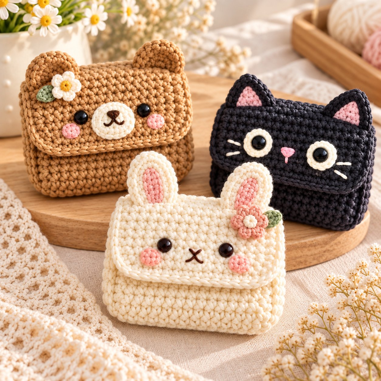 Bear, cat, and bunny crochet mini pouch wallets arranged together