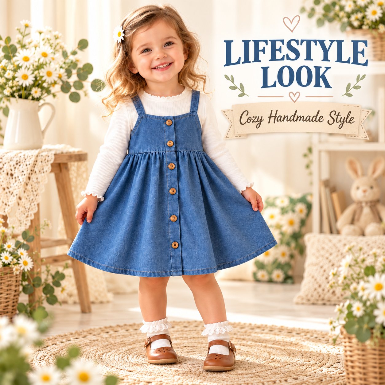 Girl wearing a blue denim button-front pinafore dress over a white long-sleeve top
