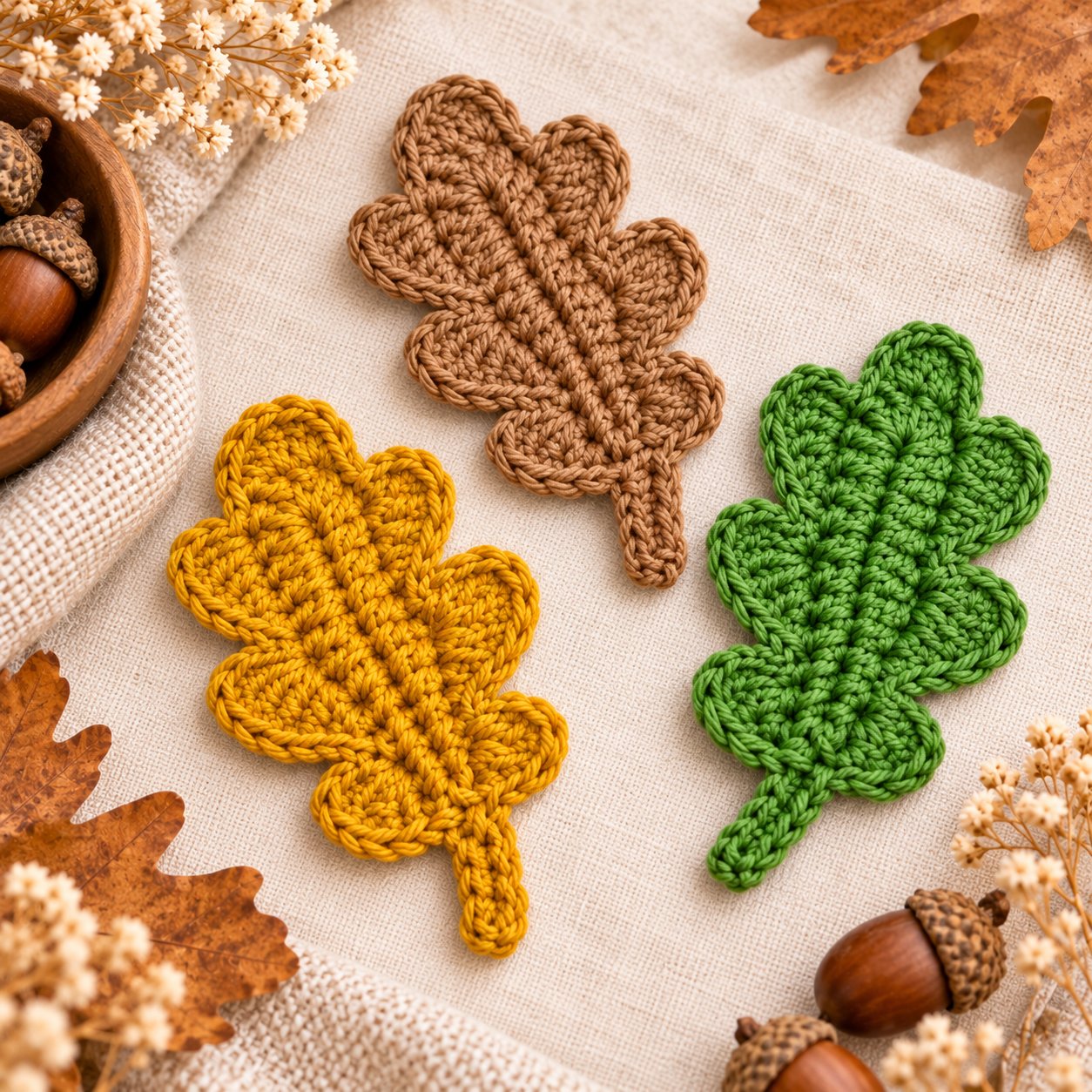 Brown, yellow, and green crochet oak leaves arranged with autumn decorations