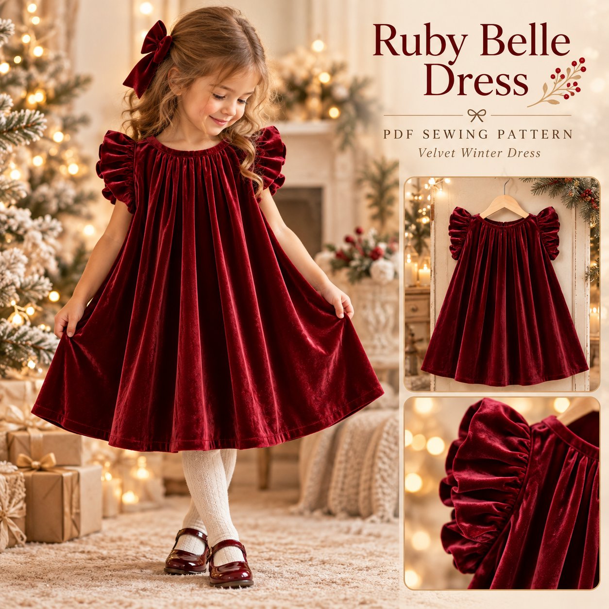 Ruby Belle Dress sewing pattern cover with a girl wearing a ruby red velvet dress