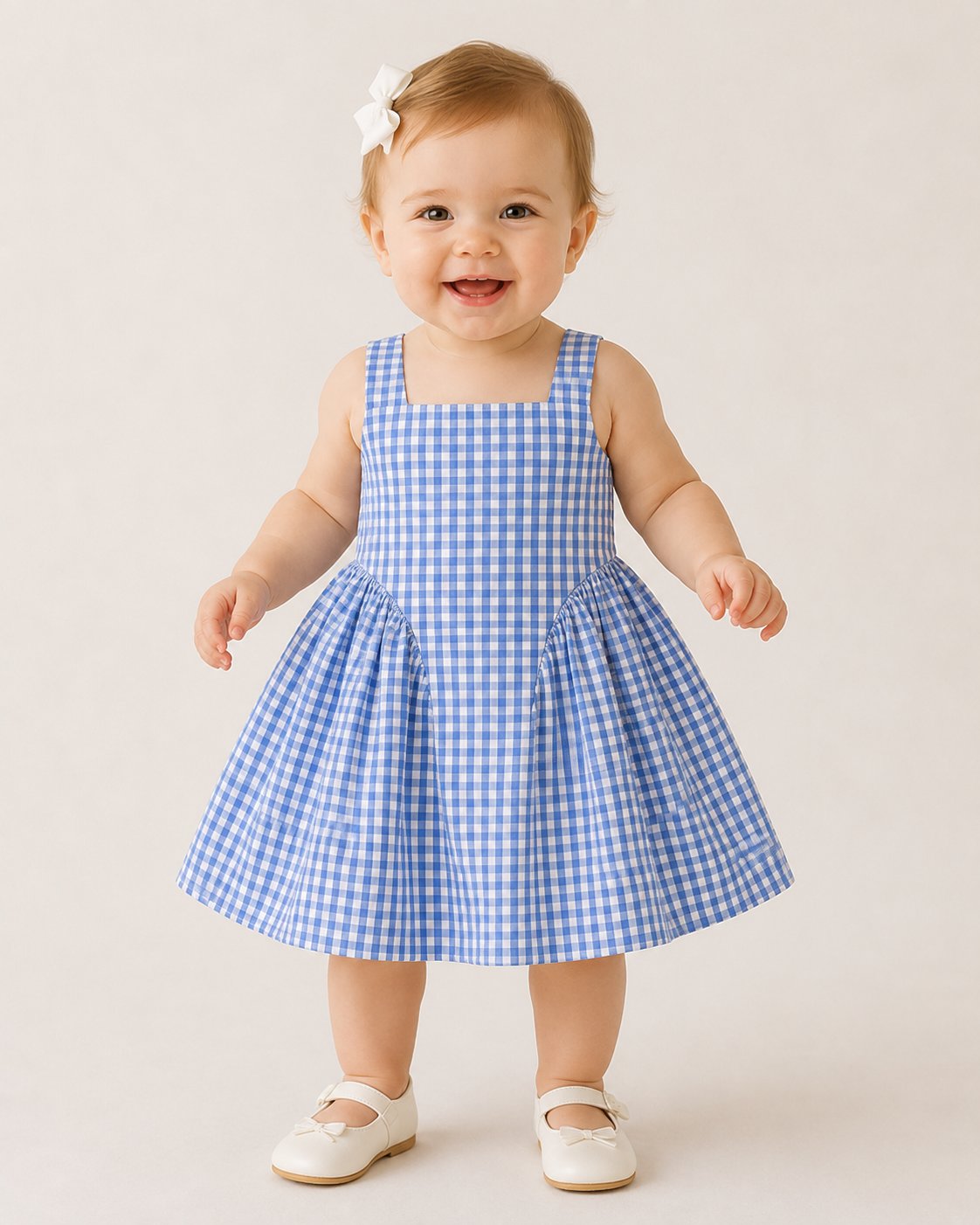 Baby wearing a blue gingham dress with a square neckline and gathered skirt