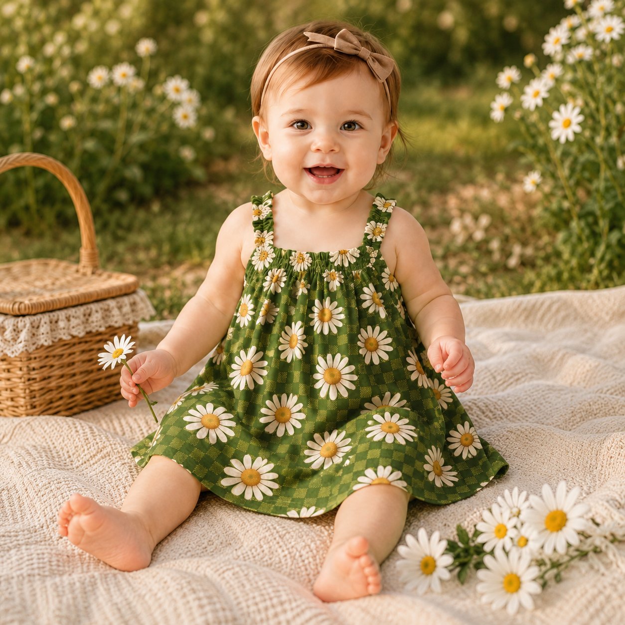 Toddler wearing a green daisy-print dress with bow-tie shoulder straps