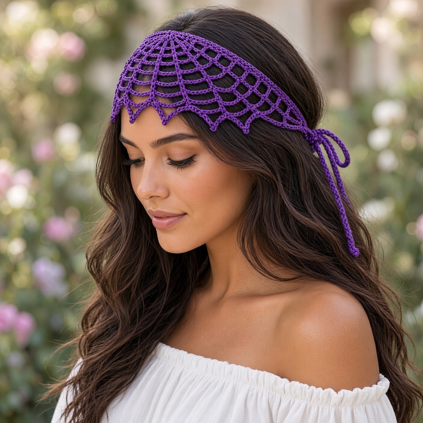 Model wearing a purple spider-web inspired crochet headband