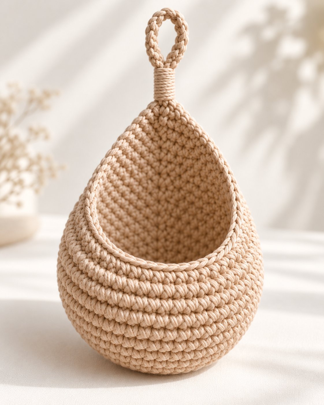 Beige crochet teardrop storage basket hanging from a wooden hook