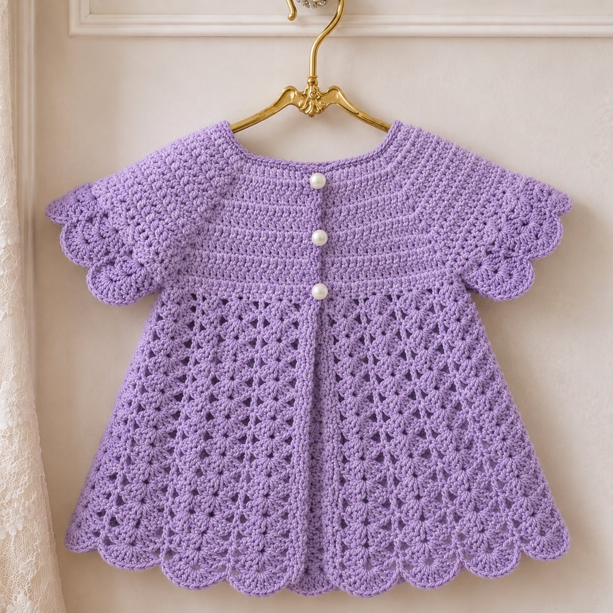Purple shell stitch baby crochet vest with three pearl button closures