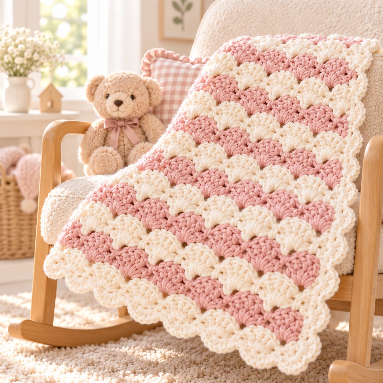 Pink and white shell stitch crochet baby blanket styled in a nursery