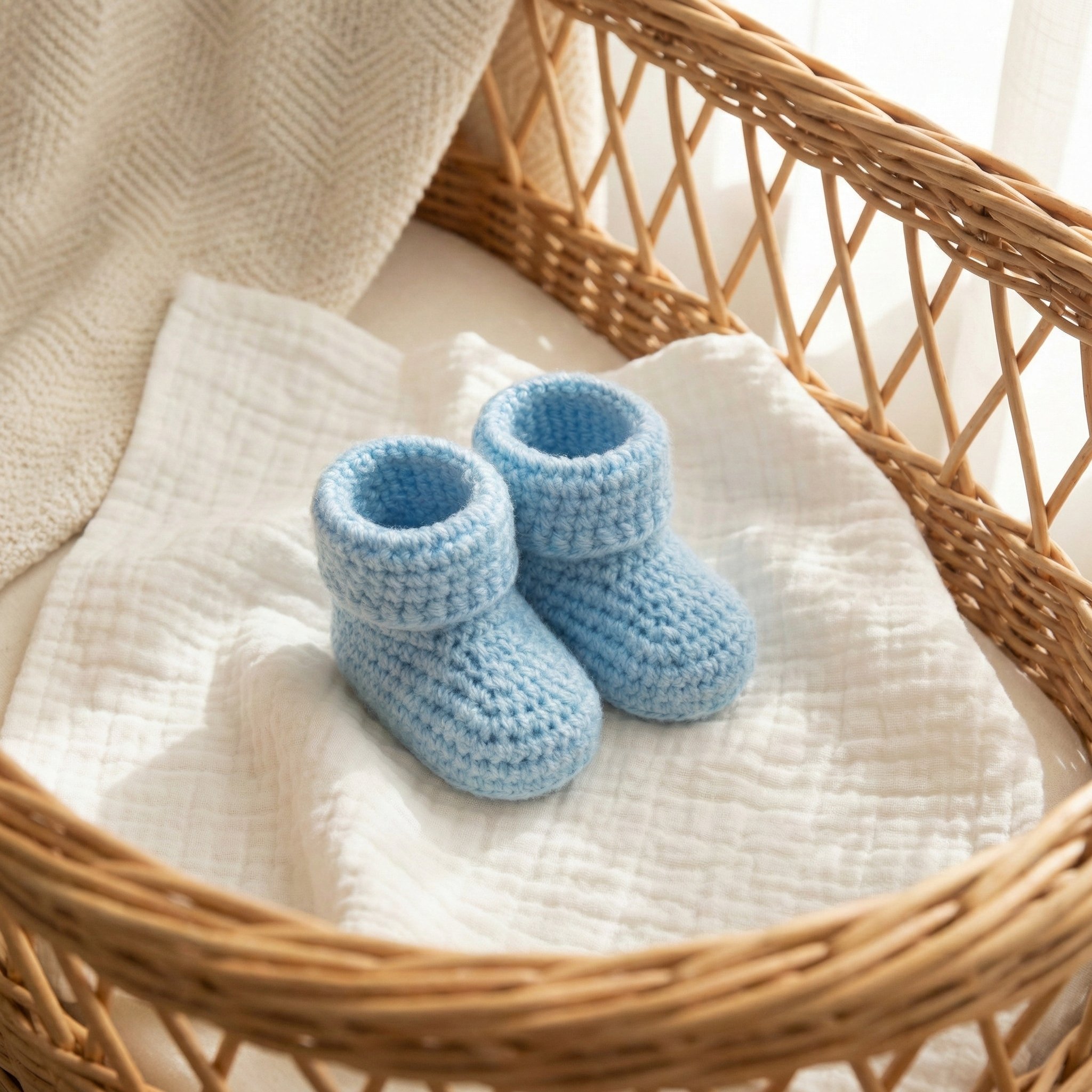 Blue crochet baby booties with cozy fold-over cuffs