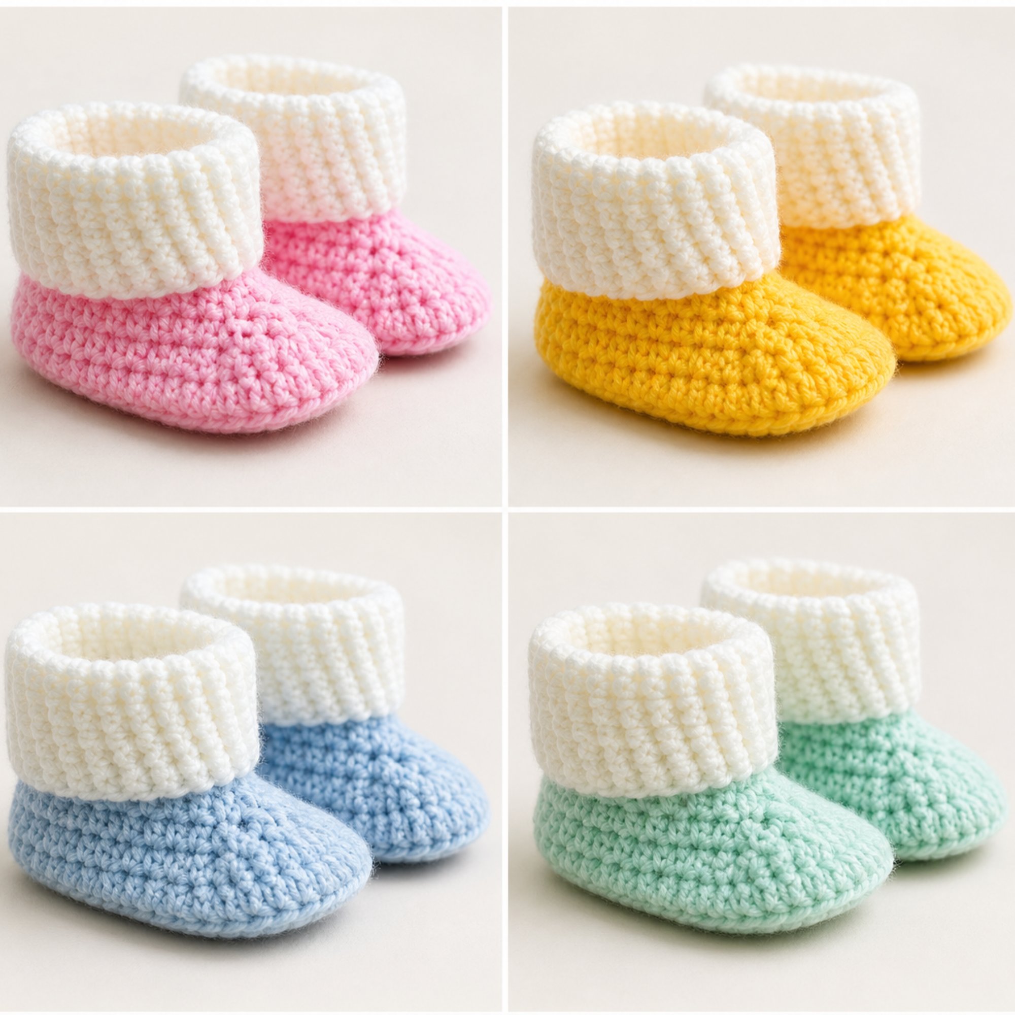 Pink and white classic crochet baby boots with folded cuffs