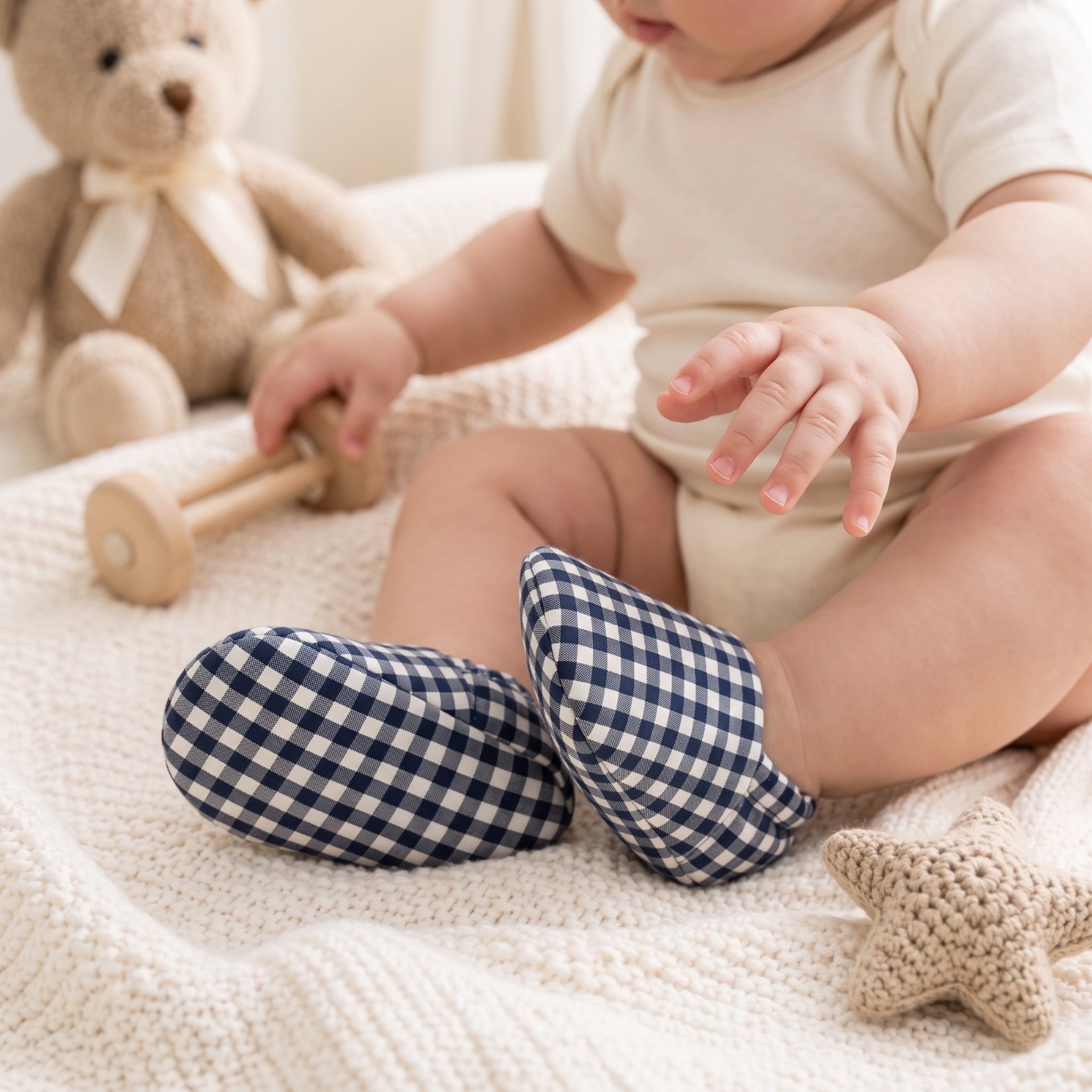Navy gingham fabric baby shoes with elastic openings