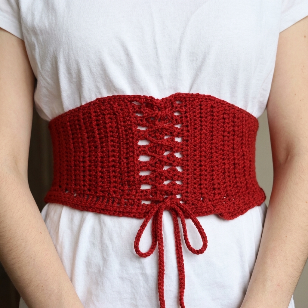 Red textured crochet corset top with front lacing