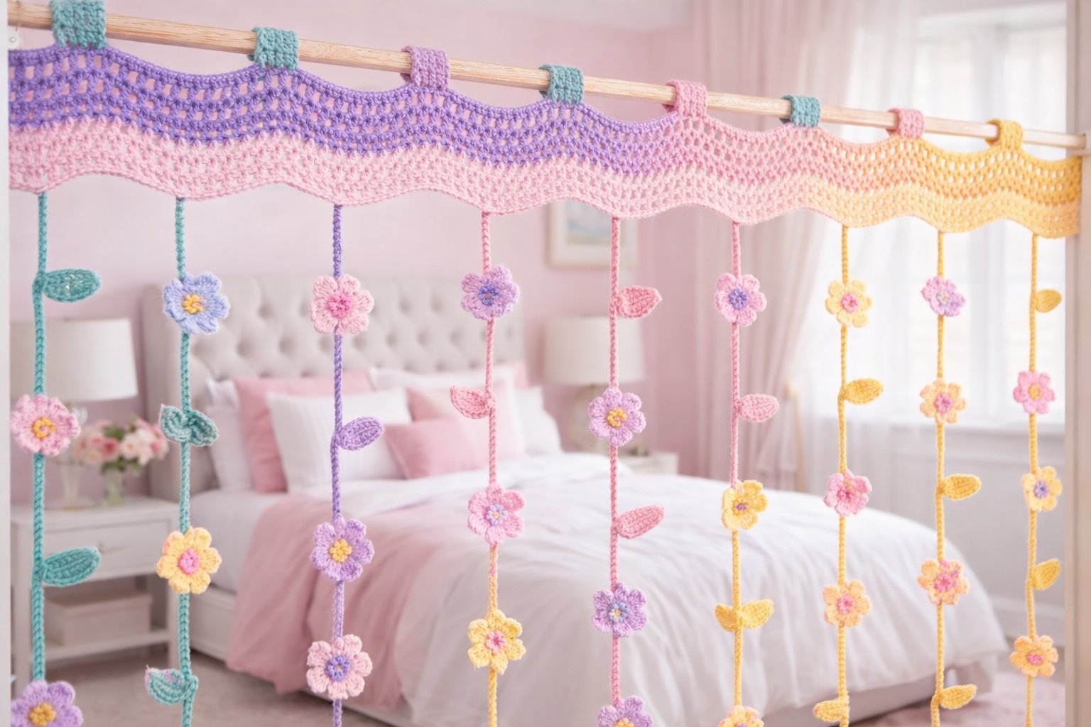 Colorful crochet flower curtain hanging in a bright room