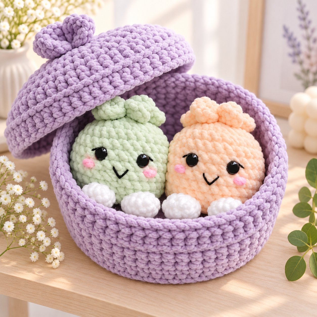 Pastel amigurumi dumplings nestled in a purple crochet steamer basket
