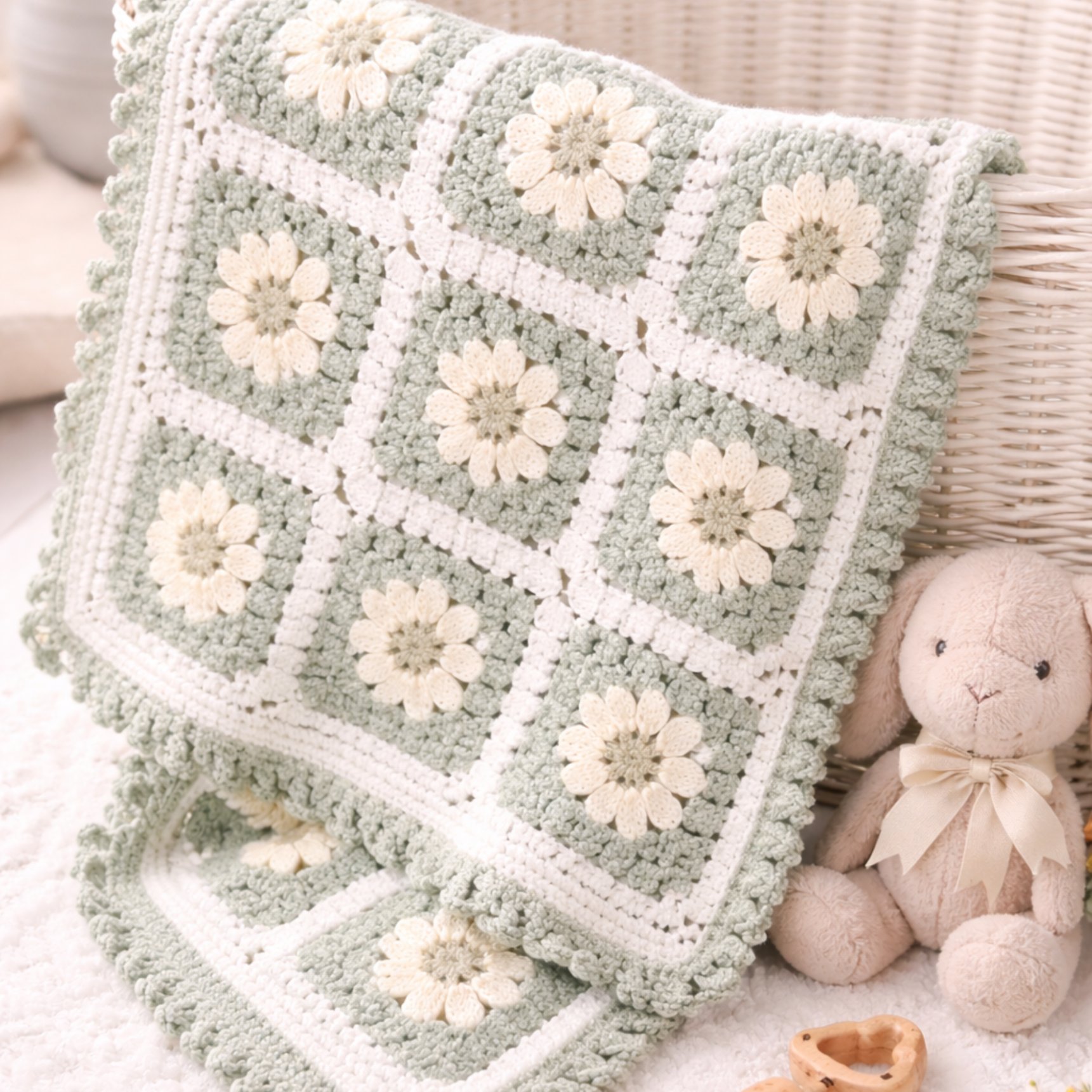 Sage green and cream Wisteria flower granny squares joined into a baby blanket