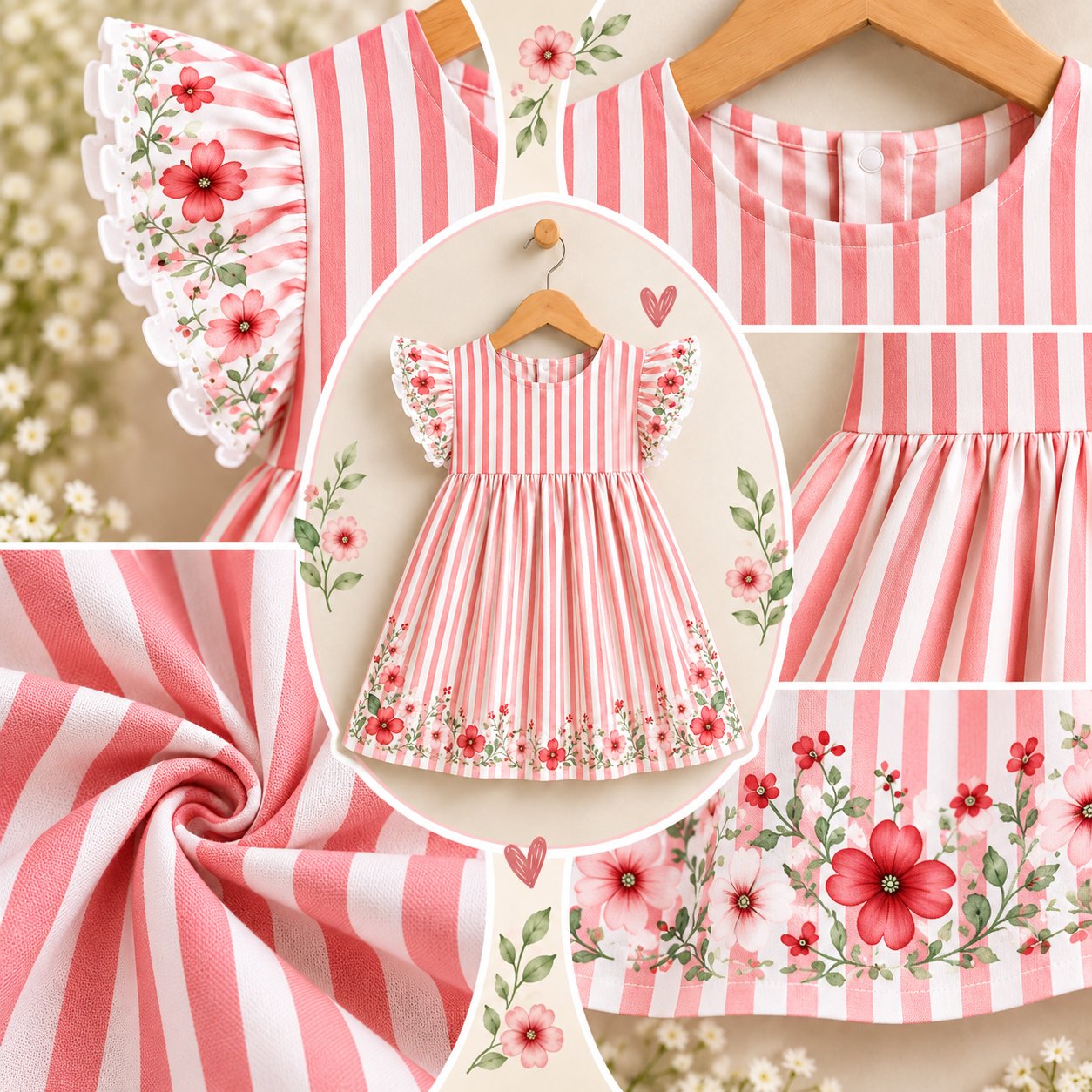 Red floral stripe girls dress with ruffle sleeves and a gathered skirt