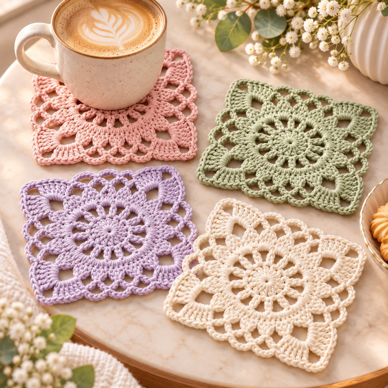 Delicate pink and cream floral square crochet motif with open lace corners