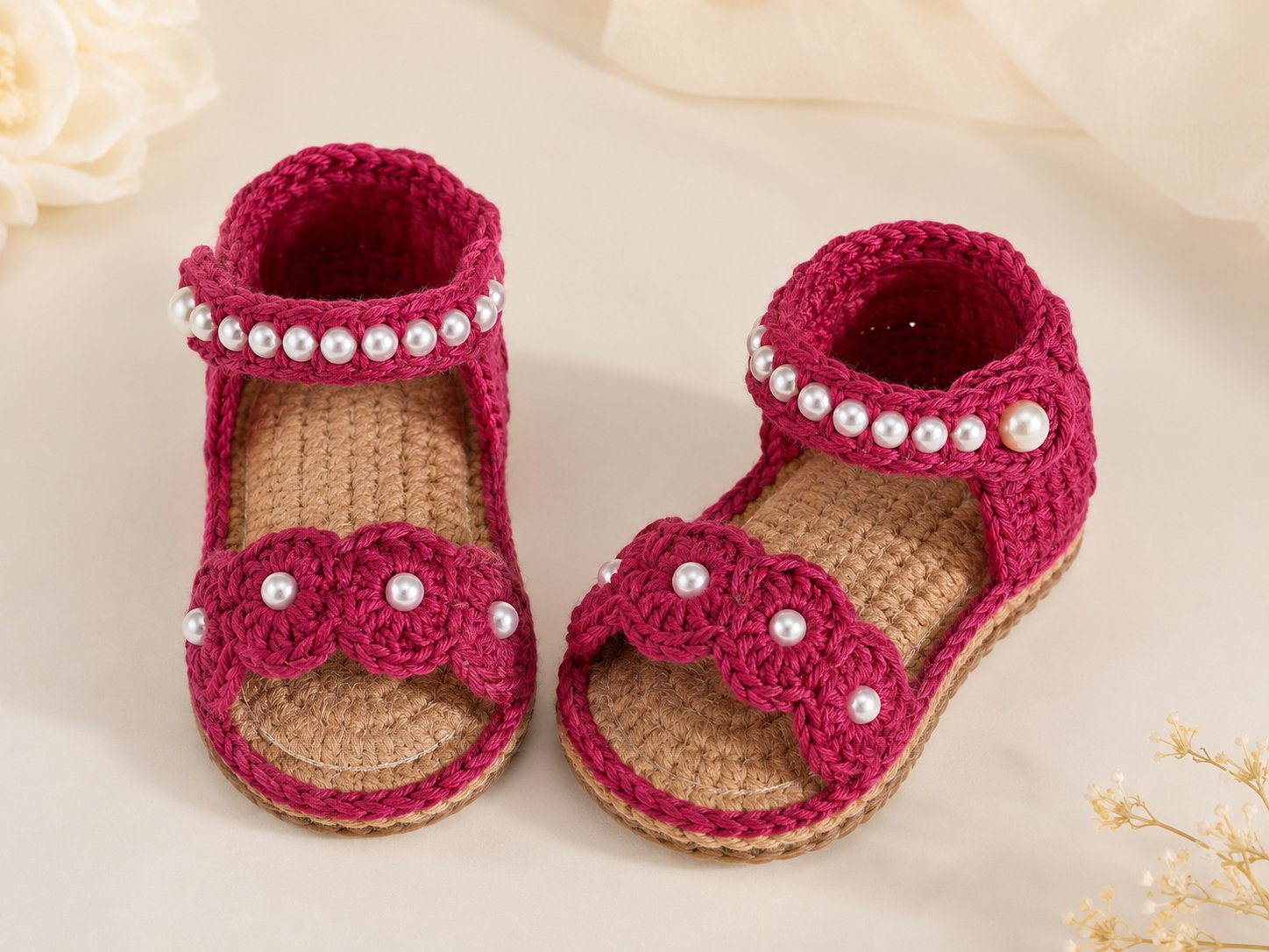 Deep pink crochet baby sandals decorated with pearl-trimmed petal straps