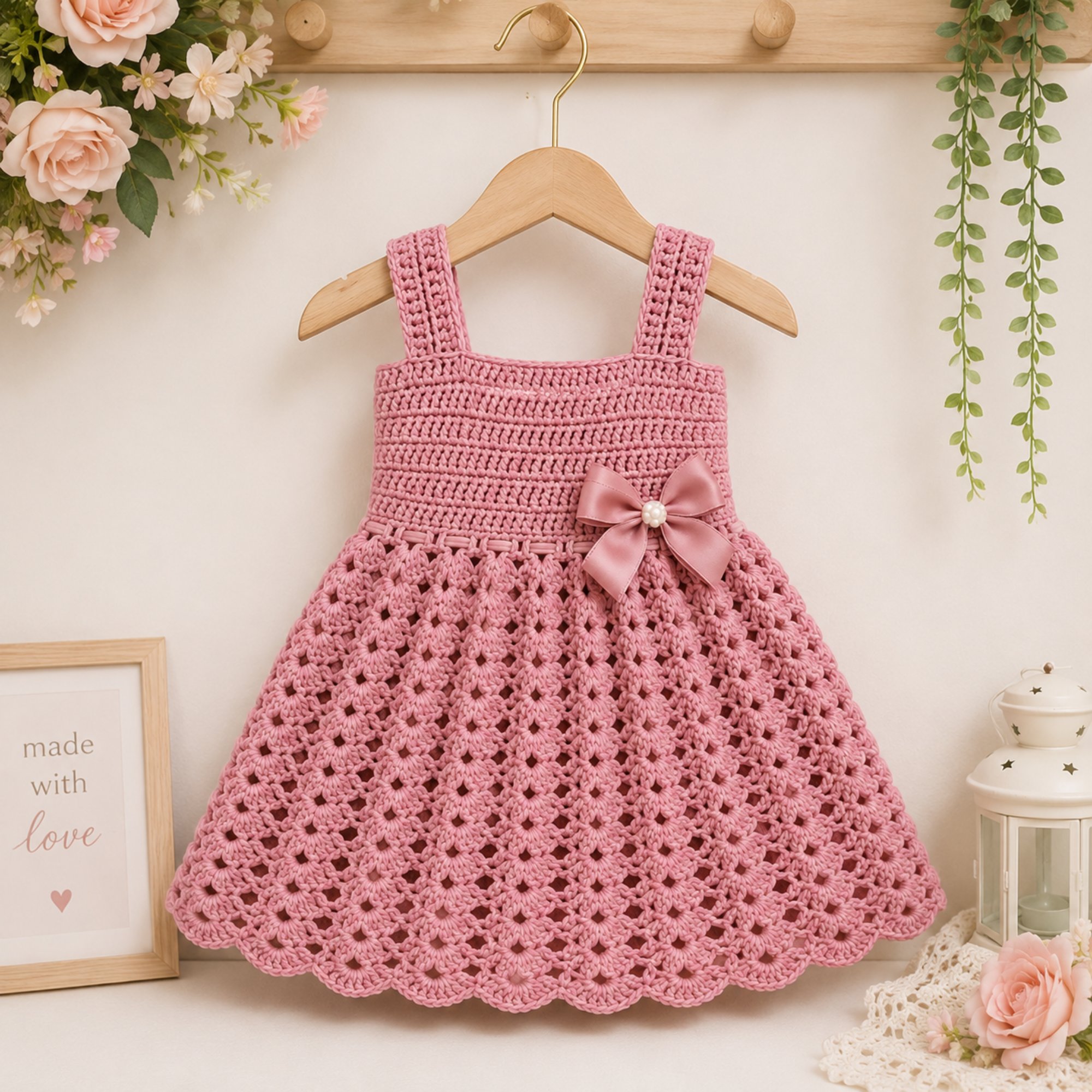 Rosy pink shell-stitch crochet baby dress with shoulder straps and a bow
