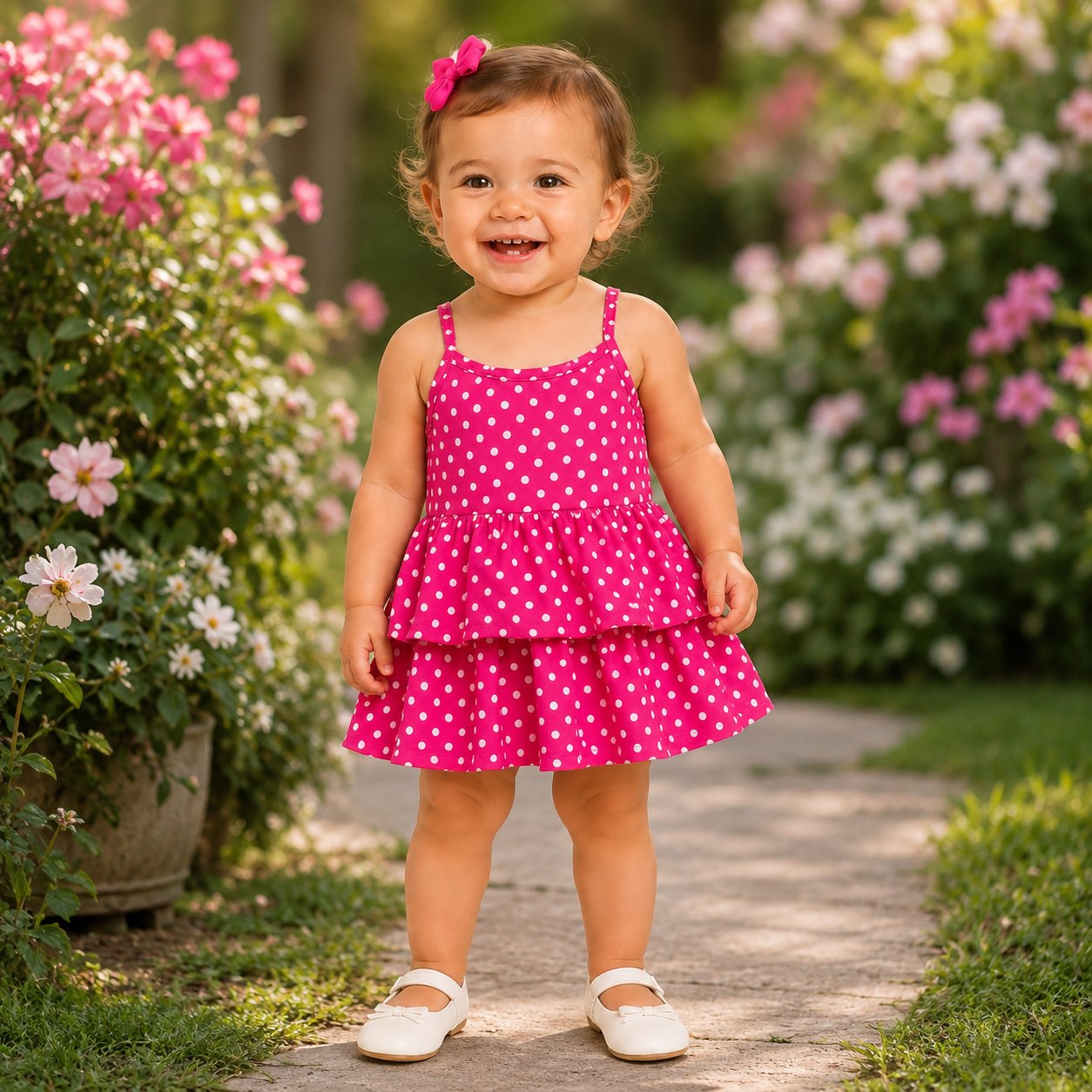 Toddler wearing a bright pink polka-dot double-tier cami dress