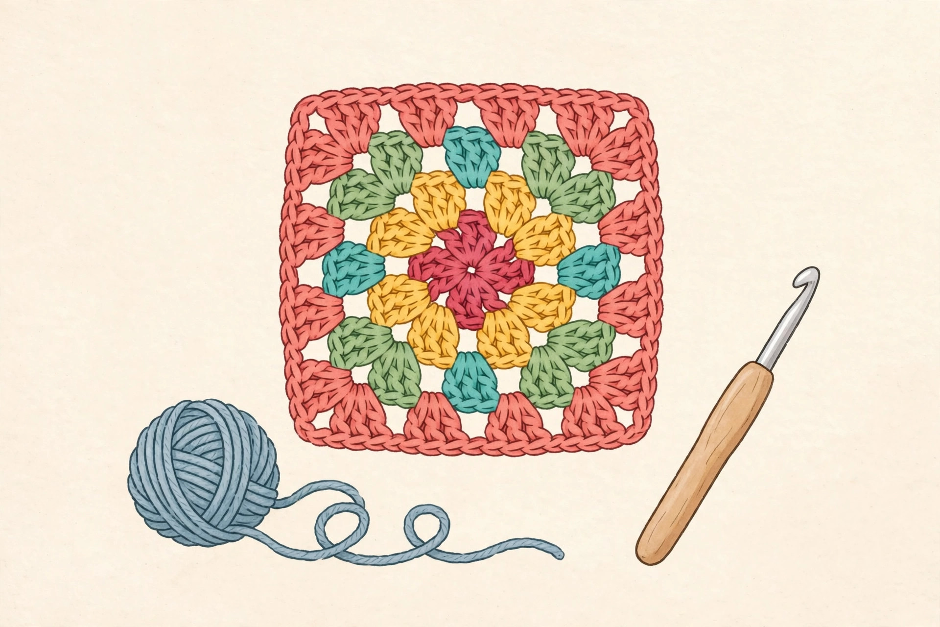 Illustrated colorful classic crochet granny square beside yarn and a crochet hook