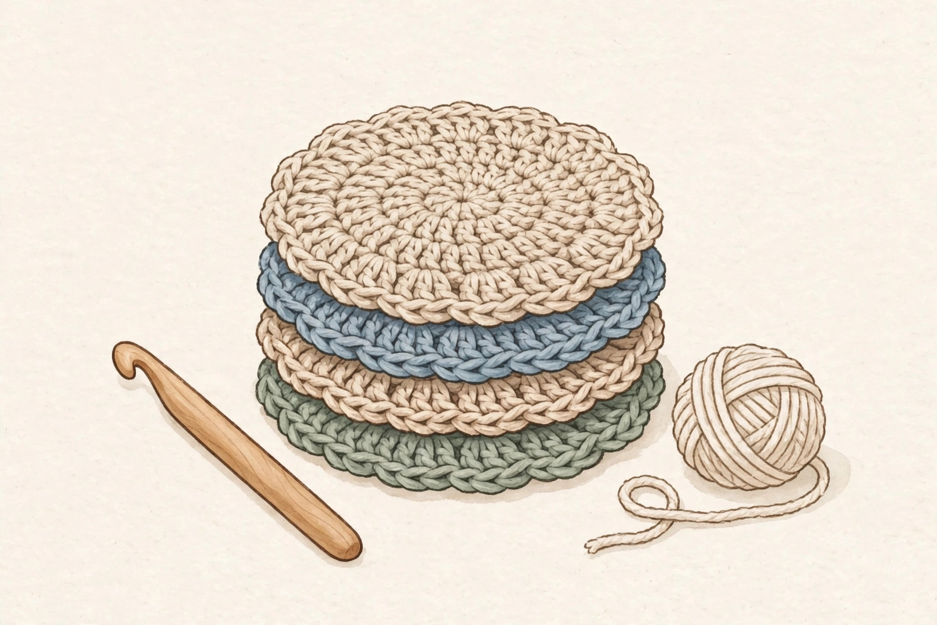 Illustrated stack of round cotton crochet coasters beside yarn and a crochet hook