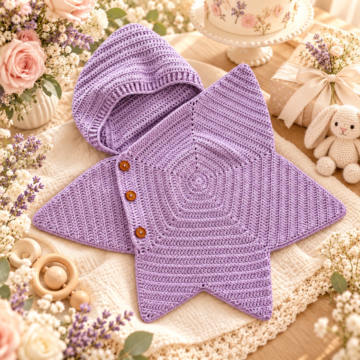 Soft lavender crocheted star-shaped baby wrap with a hood