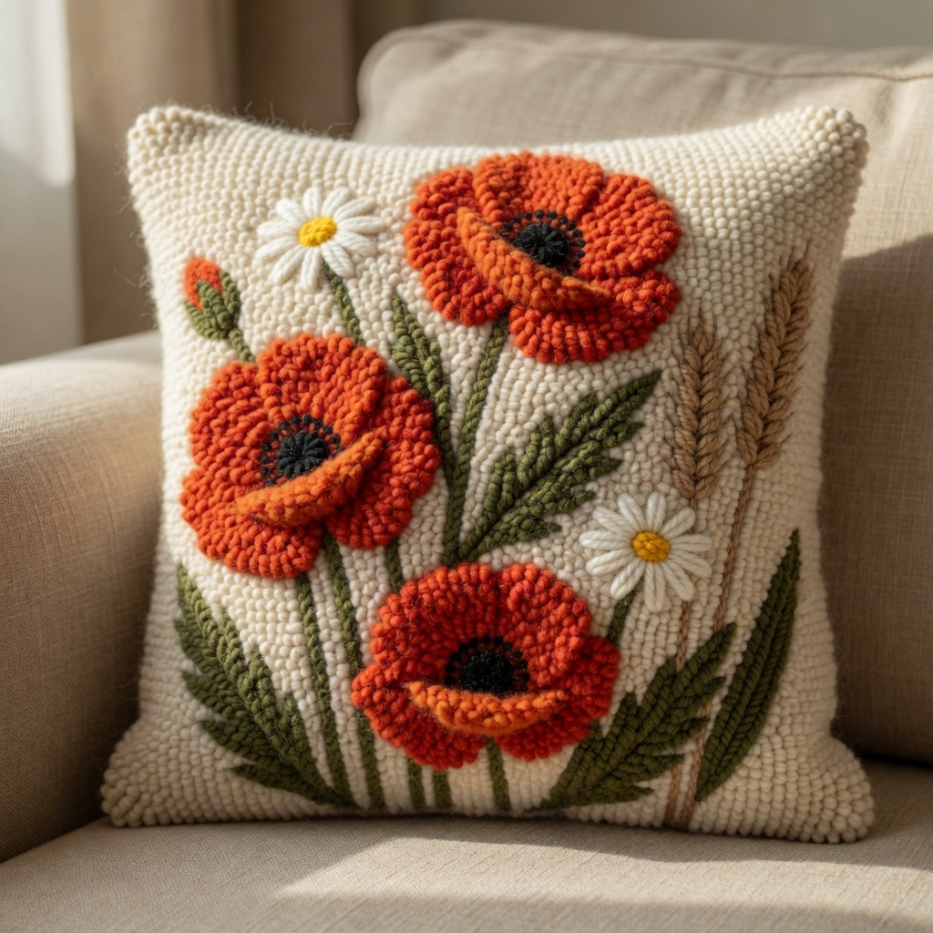 Punch needle pillow decorated with red poppies, white daisies, green leaves, and wheat stems